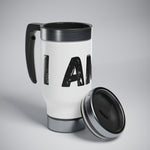 "I AM..." Stainless Steel Travel Mug with Handle, 14oz (Black)