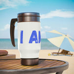 "I AM..." Stainless Steel Travel Mug with Handle, 14oz (Blue)