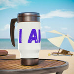 "I AM..." Stainless Steel Travel Mug with Handle, 14oz (Purple)